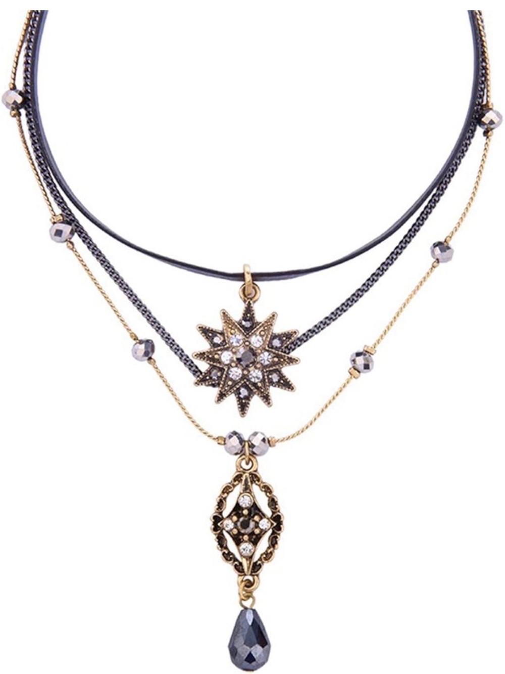 Gold and Gunmetal Layered Starburst Pendant Necklace/choker